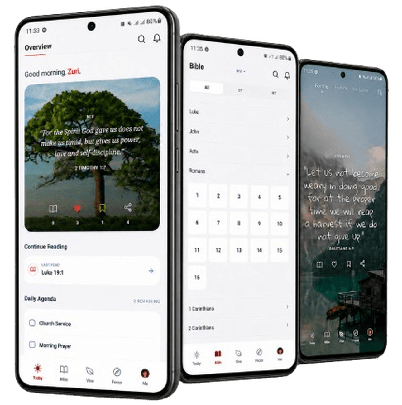 Three Samsung phones displaying the MyBible app